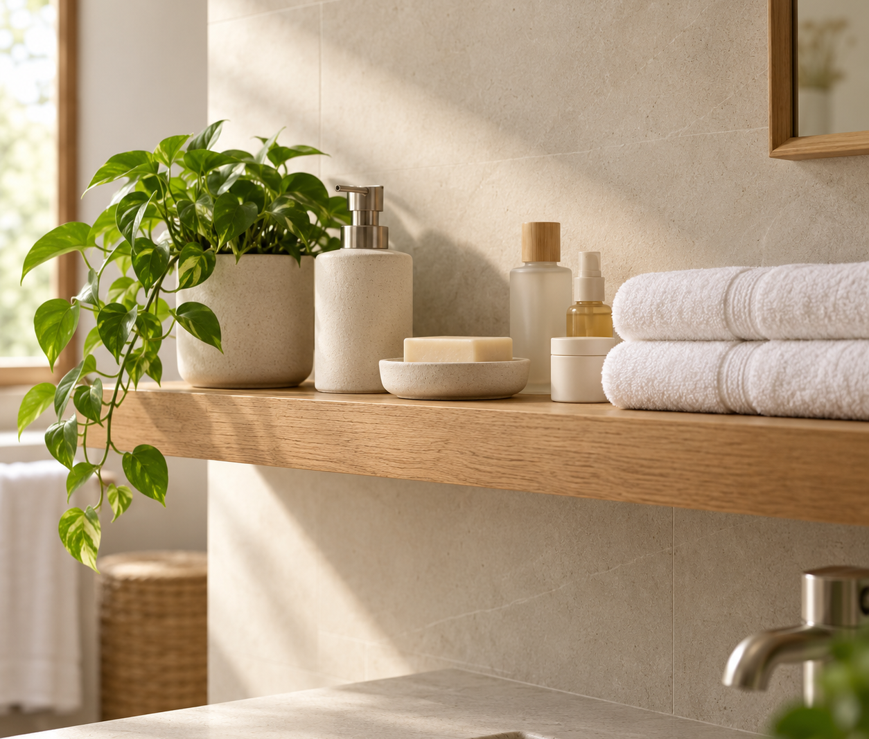 A bright bathroom counter with folded towels, a simple tray, and a leafy plant beside the sink.