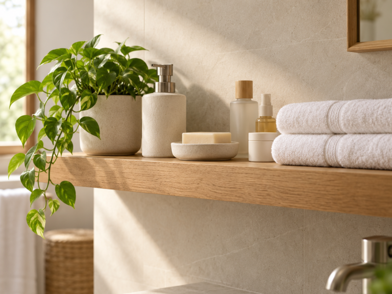 A bright bathroom counter with folded towels, a simple tray, and a leafy plant beside the sink.