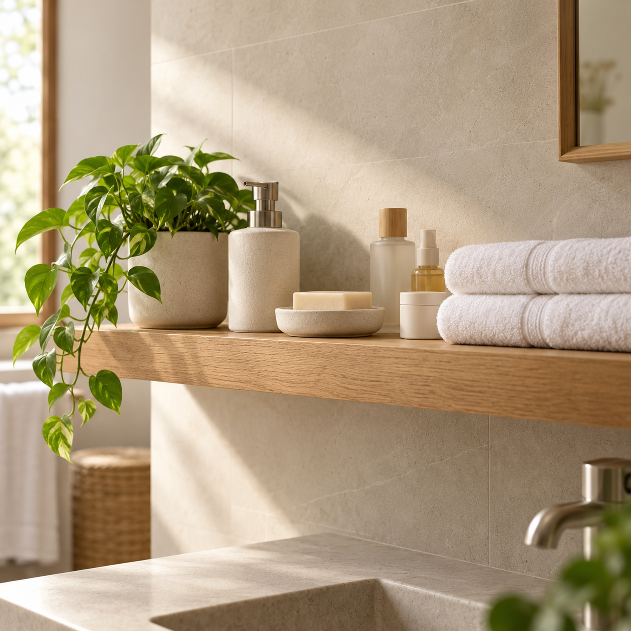A simple bathroom shelf with folded towels, a soap dispenser, and a few neutral everyday essentials.