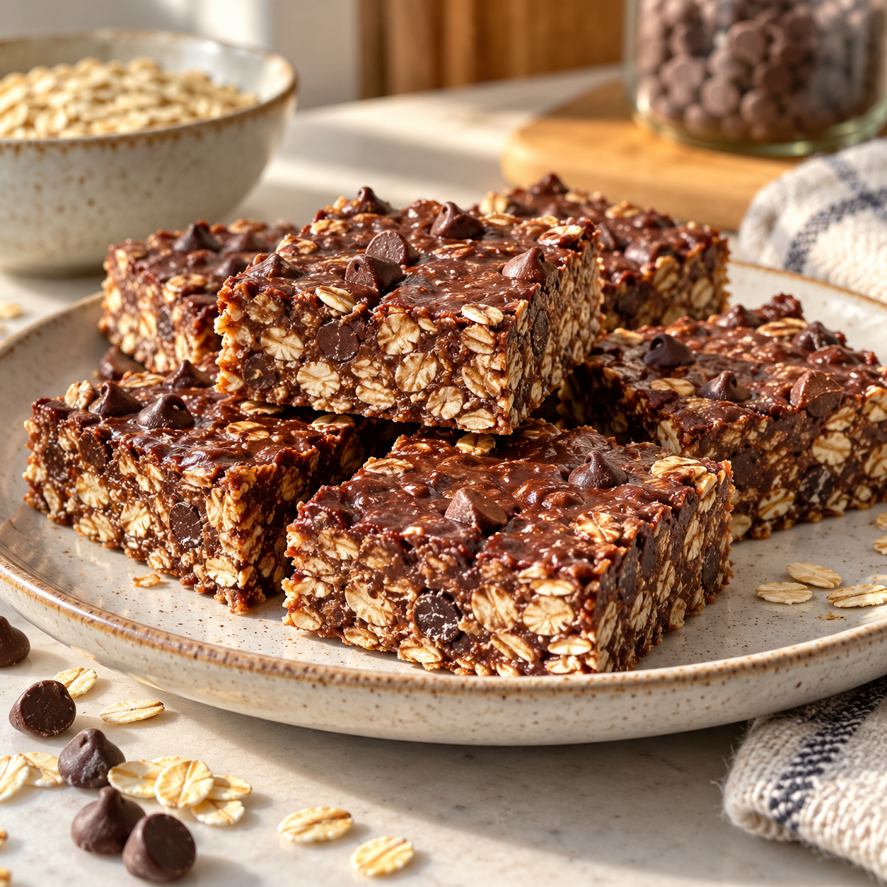 Chocolate oat dessert bars cut into squares on a plate with a light sprinkle of oats.