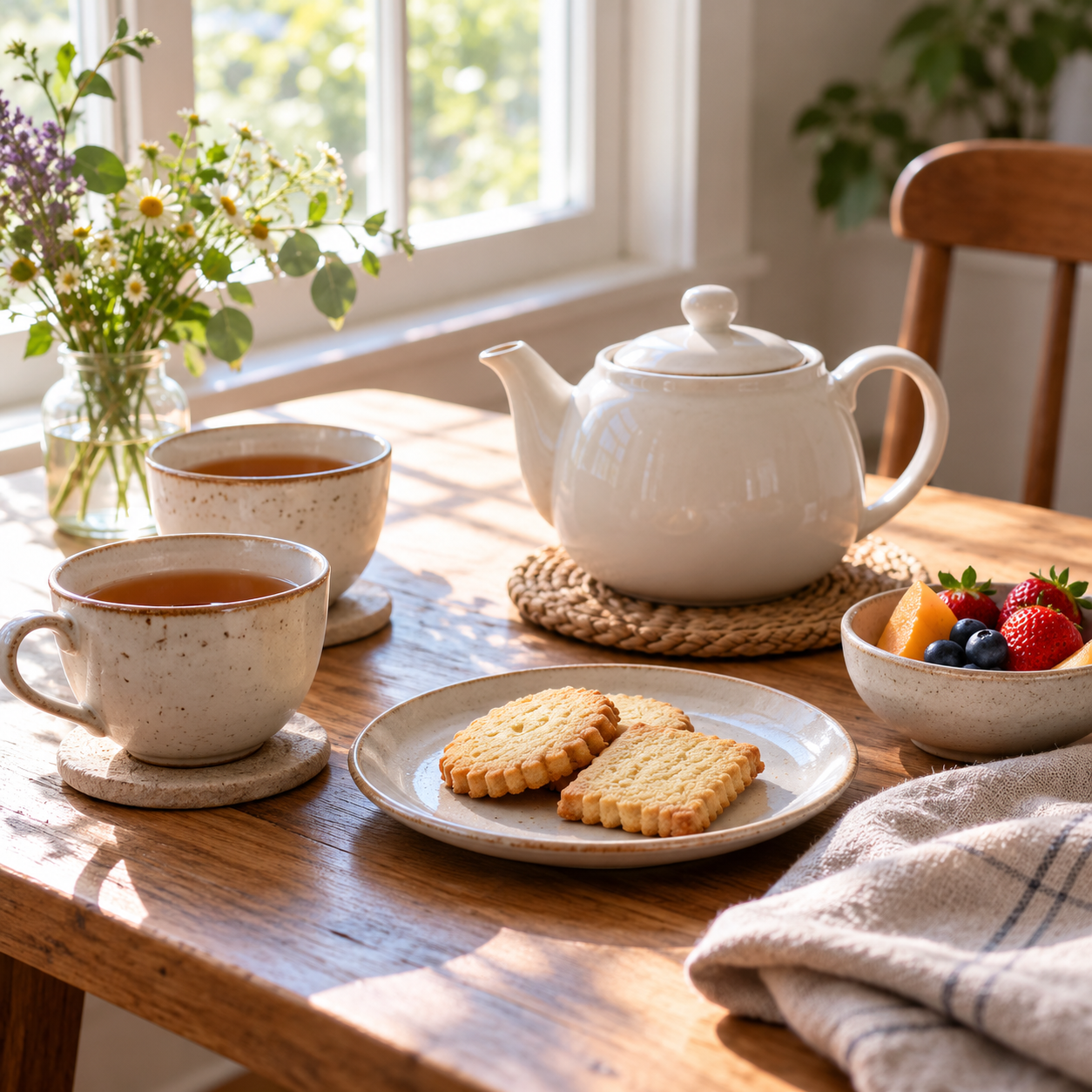 A simple afternoon tea setup with a teapot, cups, small sandwiches, and biscuits on a home table.