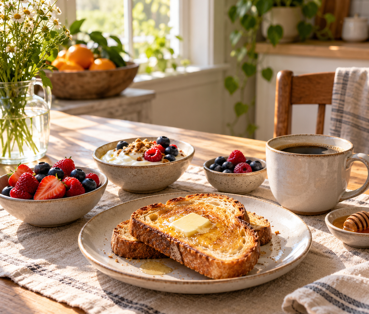 A weekend breakfast spread with colorful bowls and fresh ingredients on a bright table.
