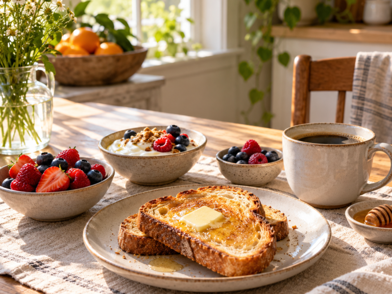 A weekend breakfast spread with colorful bowls and fresh ingredients on a bright table.