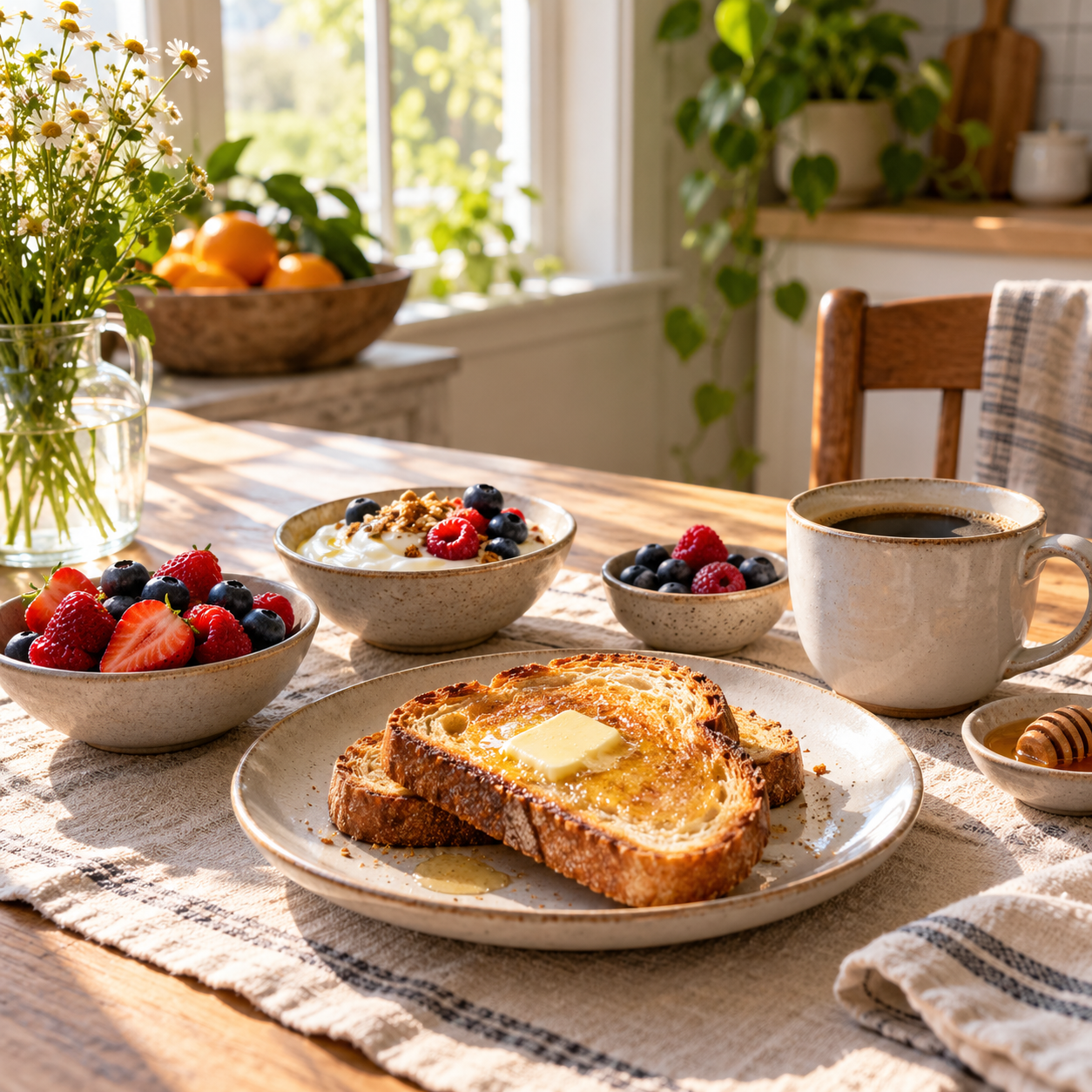 A relaxed weekend breakfast with toast, fruit, yogurt, and a cup of coffee on a sunny table.