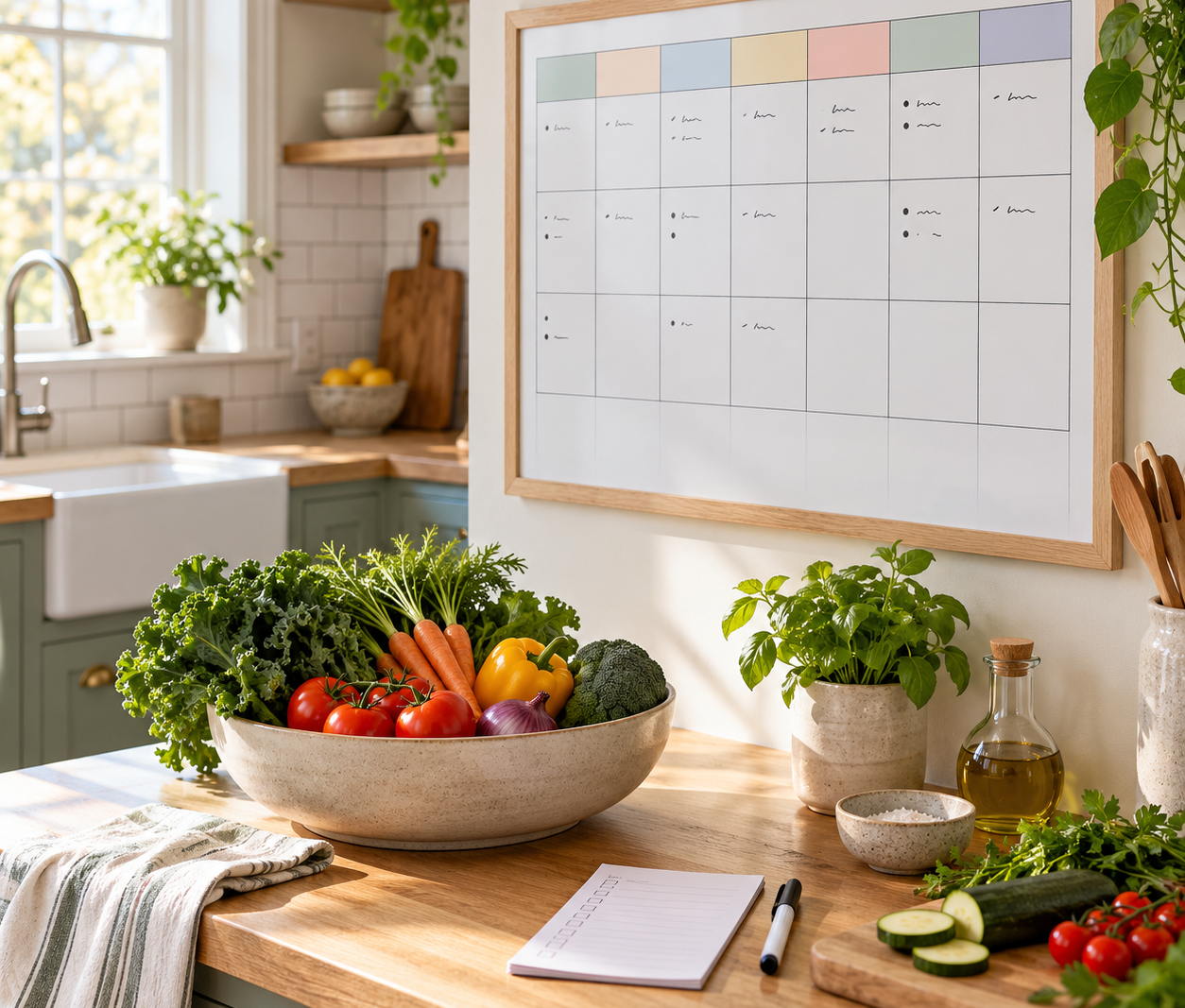 A weekly meal-planning board with colorful whole-food meal ideas and fresh ingredients.