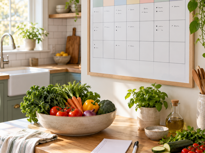 A weekly meal-planning board with colorful whole-food meal ideas and fresh ingredients.