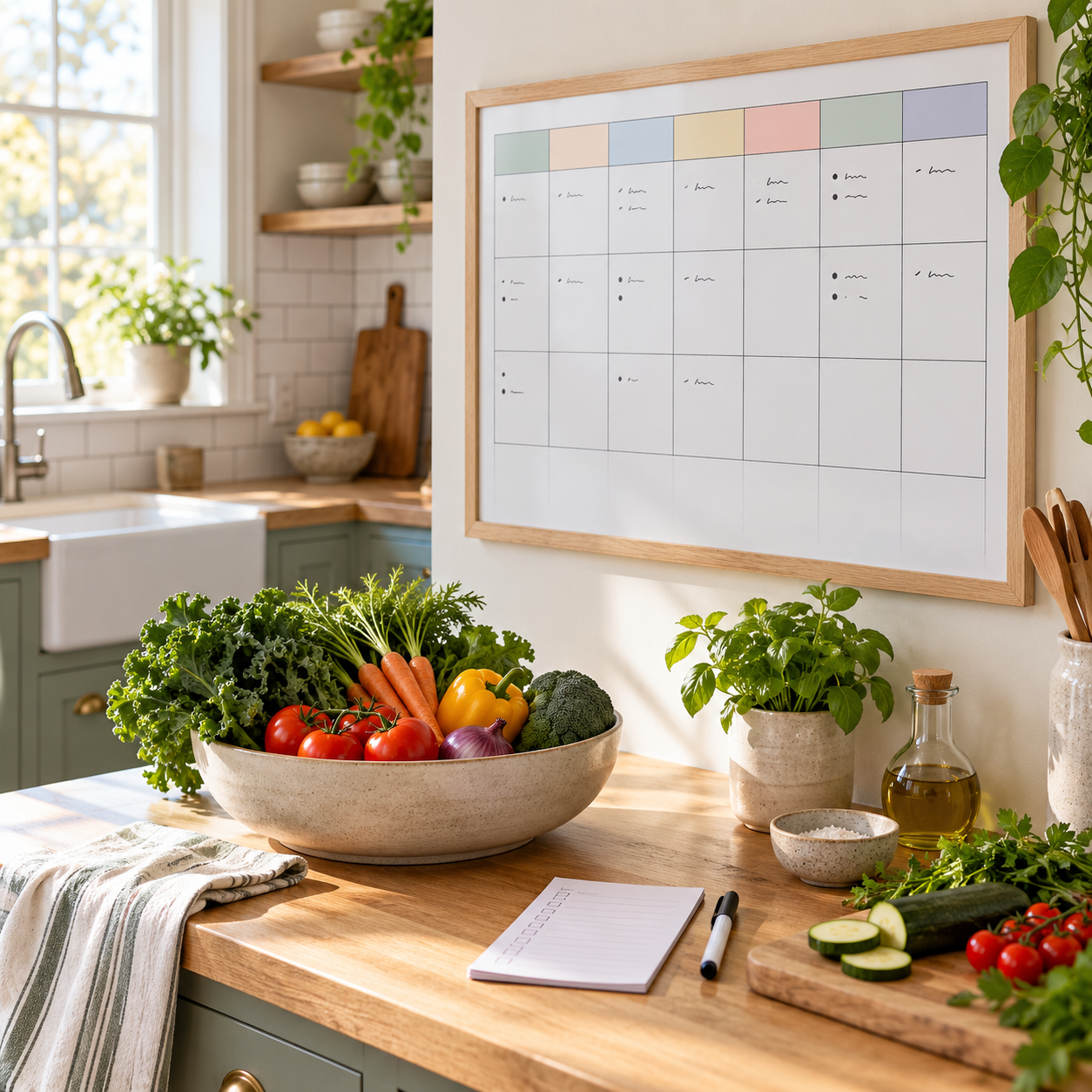 A weekly meal-planning board with blank meal sections, a shopping list, and a marker in a bright kitchen.