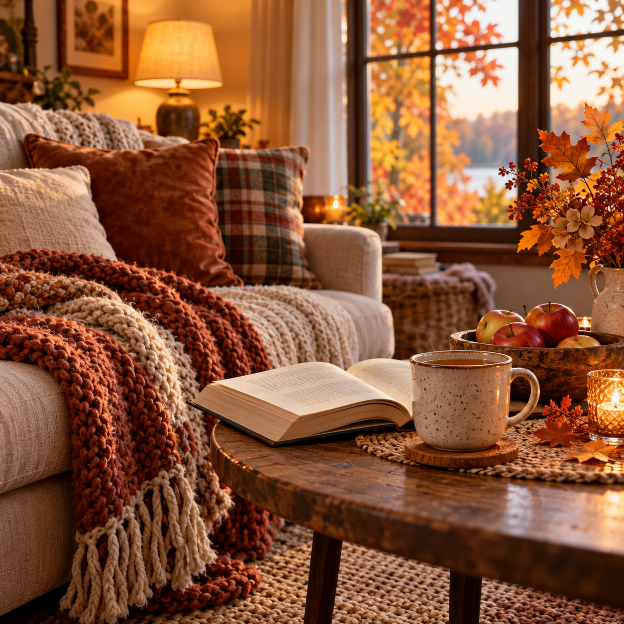 A cozy fall evening at home with a warm mug, soft blanket, book, and gentle lamp light.