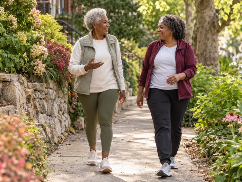 Two older women enjoying a walk and conversation along a leafy neighborhood path.