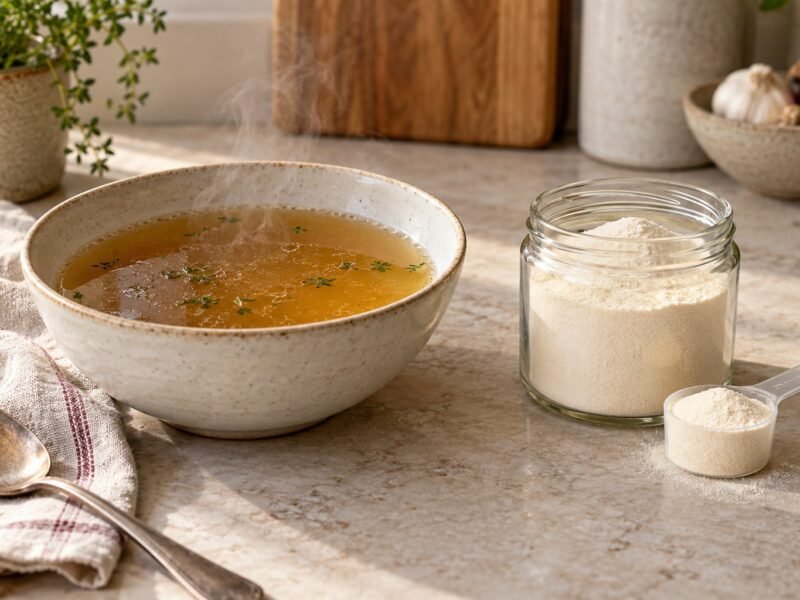 Bowl of golden broth beside a jar of pale collagen powder and a small measuring scoop.