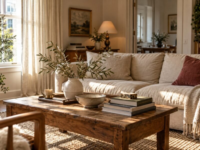 Warm living room with a linen sofa, burgundy cushion, oak coffee table and olive branches.